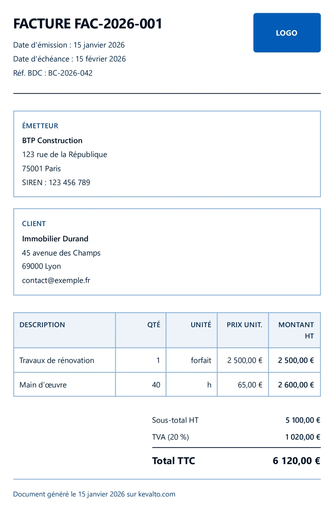 Exemple facture Kevalto